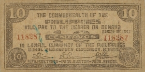 PHILIPPINES  10 Centavos
1942
Bohol Emergency Currency Banknote
