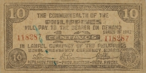 PHILIPPINES  10 Centavos
1942
Bohol Emergency Currency Banknote