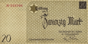 LODZ (LITZMANNSTADT)
20 Mark
(Jewish Ghetto Currency) Banknote