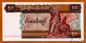 Union of Myanmar | 
50 Kyats, 1997 | 

Obverse: Mythical animal Chinthe lion | 
Reverse: Lacquerware artisan | 
Watermark: Chinthe bust above denomination | Banknote