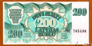 Latvia | 
200 Rubļu, 1992 | 

Obverse: Summetrical design | 
Reverse: Summetrical design | Banknote