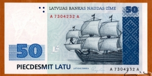 Latvia | 
50 Latu, 1994 | 

Obverse: Stylised oak leaf, Ancient sailing ship, and Vertical ornamental band composed of the motif of Lielvārde belt | 
Reverse: Historical small Coat of Arms of Riga, The city plan of medieval Riga, and National Coat of Arms | 
Watermark: Milda (a Latvian folk-maid) in profile | Banknote