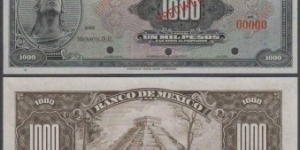 1000 peso SPECIMEN Wor:P-44s American Banknote Company Banco de Mexico without signature,     and serie 000000 numbers printing phase Specimen, punch hole cancelled                      Banknote