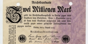 Germany Republic 1923 inflation money 2 million Mark Invalid due to typing error. There is little security-uv thread in it  1923 Banknote
