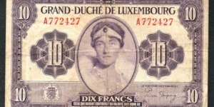 Luxemburg, 1944 10 Francs, American Banknote Company issued banknote after Freedom for Luxemburg, Short snortel, with signatures Wor:P-44a.2 Banknote