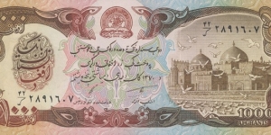 1000 Afghanis (AFN)
Dimensions: 160 × 70 mm	
Obverse: Shrine of Ali Mosque
Reverse: Paghman Gardens & Triumphal Arch
 Banknote