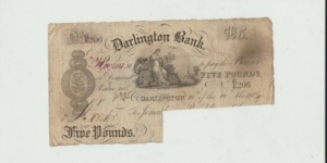 DARLINGTON BANK 5 POUNDS 1884 CUT CANCELLED Banknote