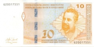 10 KM - Bosnia and Herzegovina convertible

Bank name and denomination in Latin letters on top. (Croatian issue).
Signature: Senad Softić (Govenor). Banknote