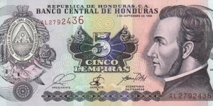 
5 L - Honduran lempira
Printer: De la Rue, London. Banknote