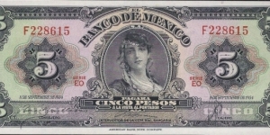 5 $ - Mexican peso

Series: EN; EO; EP.
Front: Portrait gypsy at center. Without No. above serial #, with series letters lower. Signature varieties. Back: Gray. Independence Monument at center. Banknote