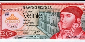 20 $ - Mexican peso
Red guilloche at upper left on back
Front: J. Morelos y Pavon at right with building in background, bank title with S. A. 3 signatures and signature varieties. Back: Pyramid of Quetzalcoatl. Banknote