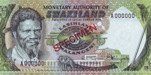 Swaziland N.D. 5 Emalangeni.

Specimen note. Banknote