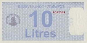 Zimbabwe N.D. (2005-08) 10 Litres.

Fuel Coupon.

Printed on 500 Dollars paper. Banknote