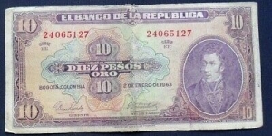 BANKNOTE COLOMBIA 10 PESOS ORO 1963 SERIE EE P389-CO 519 FOR SALE Banknote