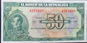 COLOMBIA 50 Pesos 1953 P393d VF+7 SOLD DIGITD CO-536 FOR SALE-SOLD Banknote