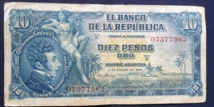 1953 Colombia 10 Pesos Oro P-400a -CO 537-2 FOR SALÑE Banknote