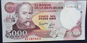 COLOMBIA 5000 5,000 PESOS 3-1-1992 UNCIRCULATED P.436A RAFAEL NUNEZ CO 535-2 FOR SALE Banknote