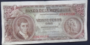 COLOMBIA BANKNOTE 20 PESOS 1961 P#402 SERIE O COD # 535 FOR SALE Banknote