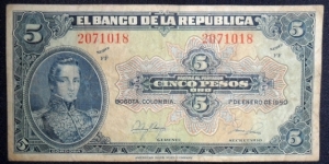 COLOMBIA 5 PESOS ORO 1950 7 DIGITS P 386e FOR SALE Banknote