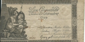 ITALY - Kingdom of Sardinia - 50 Lire -  Carlo Emanuele IV - Regie Finanze - 01.09.1799 Banknote