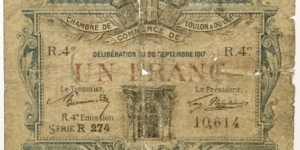 1 Franc (Chambre de Commerce de Toulon et du Var 1917) Banknote