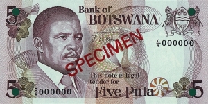 Botswana N.D. 5 Pula.

Specimen. Banknote