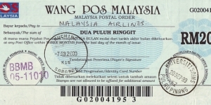 Penang 1999 20 Ringgit postal order. Banknote