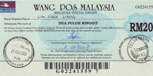 Perak 2000 20 Ringgit postal order. Banknote