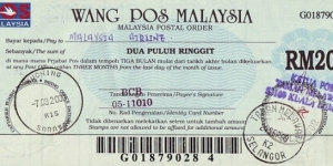 Selangor 1999 20 Ringgit postal order. Banknote