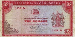 RHODESIA 2 Dollars 1972 Banknote