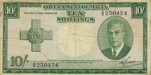 MALTA 10 Shillings 1951 Banknote