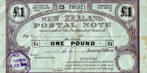 New Zealand 1944 1 Pound postal note.

Issued at Te Horo. Banknote