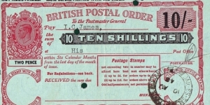 Tanganyika 1948 10 Shillings postal order.

Issued at Poste Restante Dar-Es-Salaam. Banknote