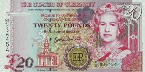 Guernsey 2012 20 Pounds.

Queen Elizabeth II's Diamond Jubilee. Banknote