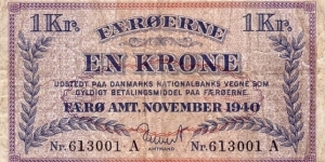 Faroe Islands 1 Krone - 1940 Banknote