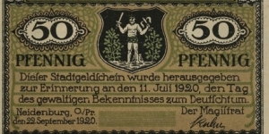 50 Pfennig Notgeld City of Neidenburg. Now city in Poland. Nidzica. Banknote