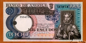 Angola | 
1,000 Escudos, 1973 | Obverse: To the right is a portrait of Luiz de Camões (Luis Vaz de Camões) (1524-1580), the greatest poet of the Portuguese language, Portuguese Angolan National Coat of Arms above centre | Reverse: Kalandula Falls (formerly known as Duque de Bragança Falls) | Watermark: Luis Vaz de Camões | Signatures: Mário Ângelo Morais Oliveira (Governor), Nuno Alves Morgado (Vice Governor) | Banknote