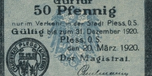 50 Pfennig Notgeld City of Pless/Pszczyna Banknote