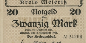 20 Mark Notgeld City of Meseritz/Międzyrzecz Banknote