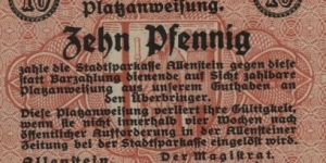 10 Pfennig Notgeld City of Allenstein/Olsztyn Banknote