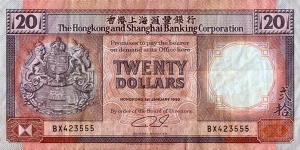 Hong Kong 1990 20 Dollars. Banknote