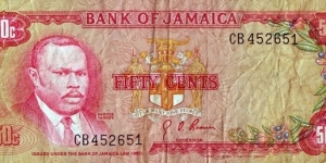 Jamaica N.D. (1970) 50 Cents.

The only type of 50 Cents note - replaced by the 50 Cents coin in 1975. Banknote