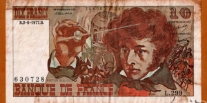 France | 10 Francs, 1977 | 
Obverse: Louis Hector Berlioz (1803 –1869, French Romantic composer, conducting an orchestra in the Chapelle des Invalides in Paris | Reverse: Hector Berlioz playing a guitar offered by Paganini in front of Villa Medici in Rome, The Mausoleum of Hadrian (usually known as the Château Saint-Ange (or Castel Sant'Angelo) in Rome and The Basilique Saint-Pierre (San Pietro/Sancti Petri) in Vatican | Watermark: Profile portrait of Hector Berlioz | Banknote