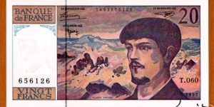 France | 20 Francs, 1997 | Obverse: Portrait of the French impressionist composer Claude Debussy (1862 – 1918), Tribute to the work of the composer – an illustration for an orchestral composition 