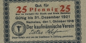 25 Pfennig - City of Namslau/Namysłów. Issued by Merchant Society. Banknote