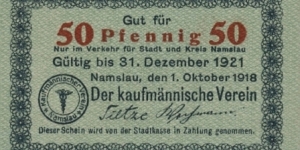 50 Pfennig - City of Namslau/Namysłów. Issued by Merchant Society. Banknote