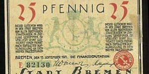 25 Pfennig Notgeld City of Bremen Banknote