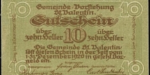 Sankt Valentin - 10 Heller Banknote