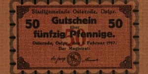 50 Pfennige - Osterode (now city in Poland - Ostróda) Banknote