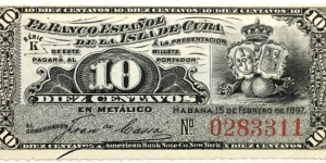 10 Centavos (El Banco Espanol de la Isla de Cuba - 1897) Banknote